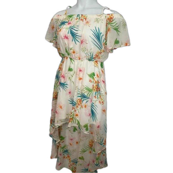 AS U WISH Cream & Tropical Floral Print High-Low Off The Shoulder Dress SKU1122 - Picture 3 of 12
